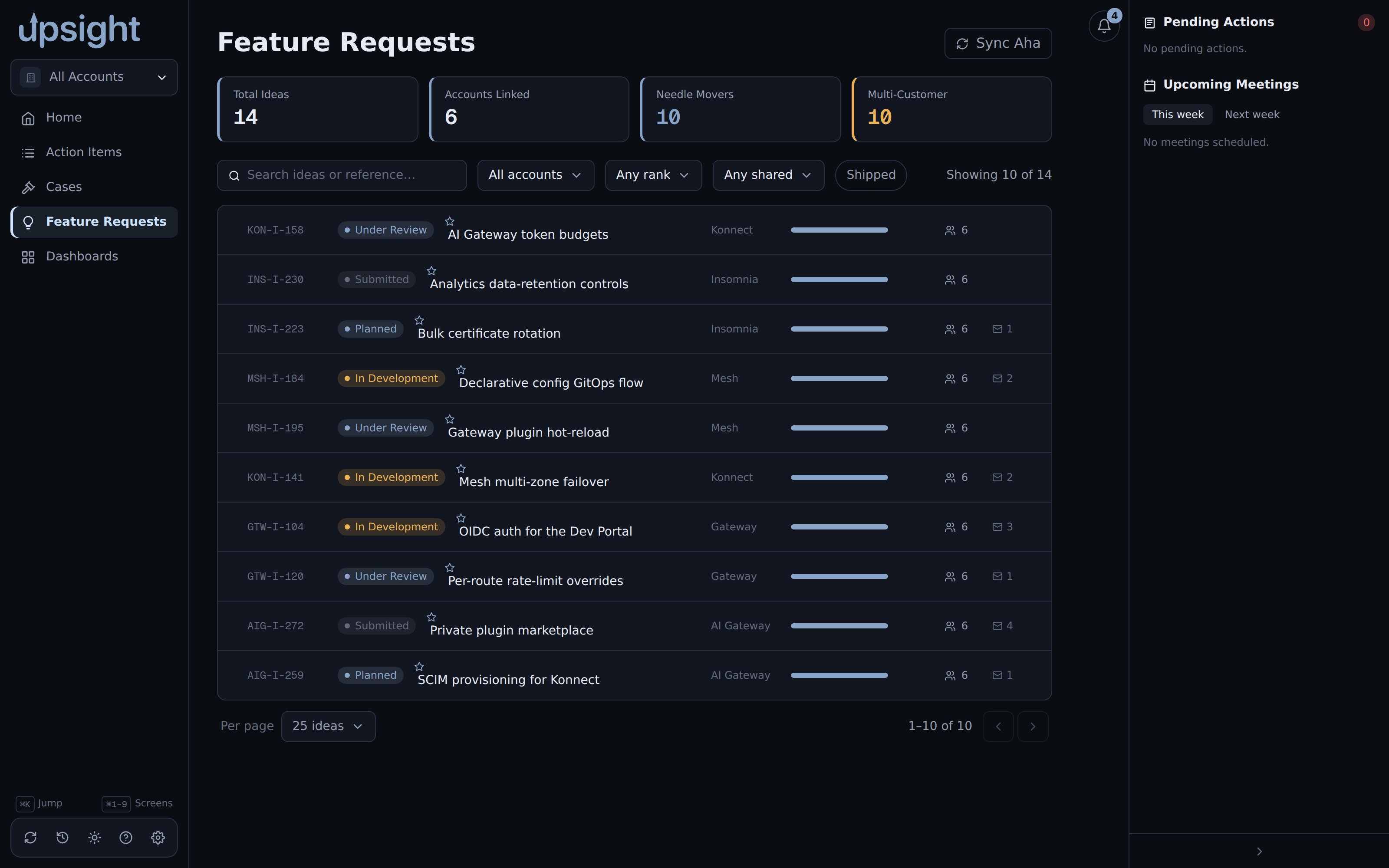 The Feature Requests screen listing Aha! ideas