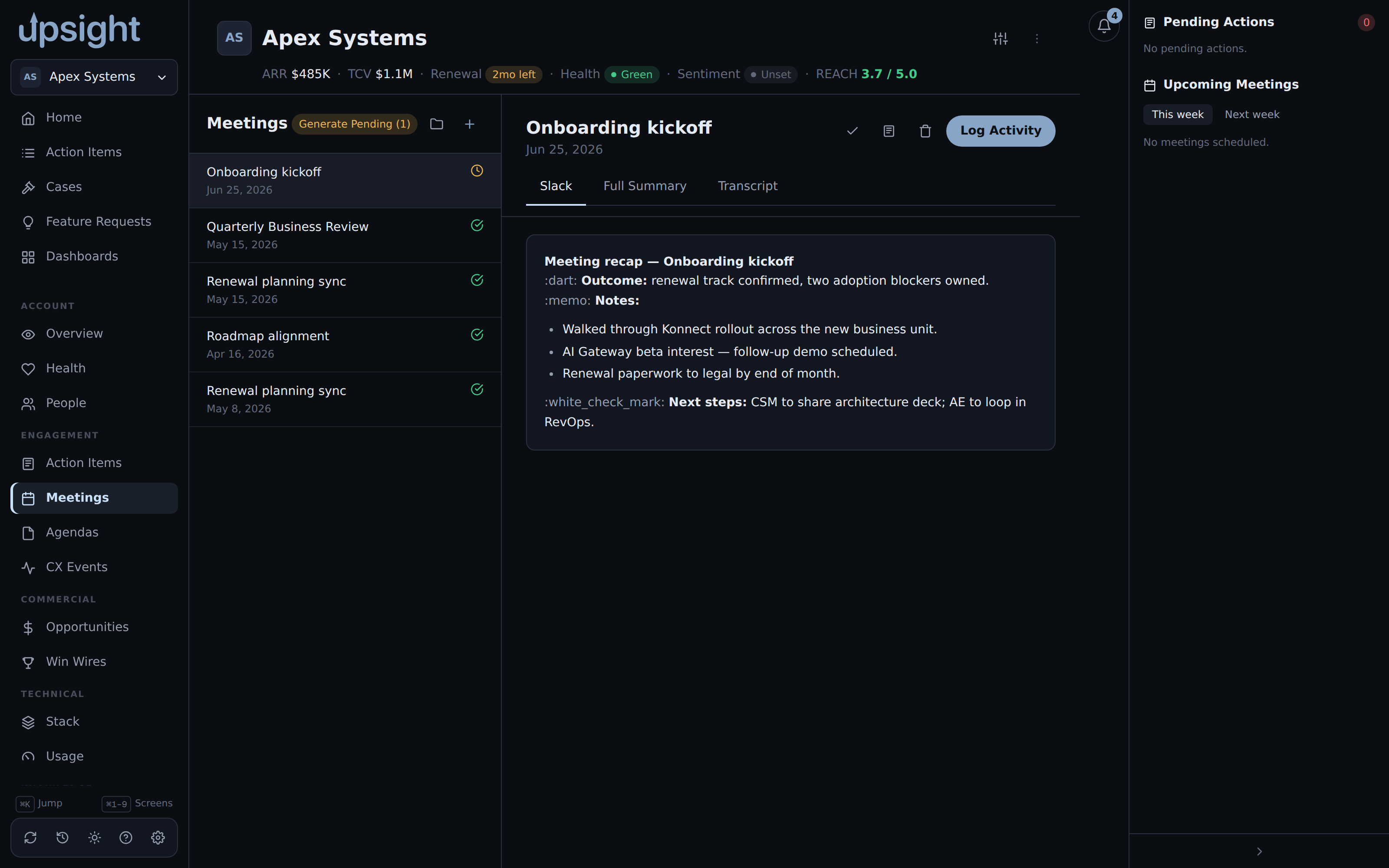 The Meetings tab with a generated summary